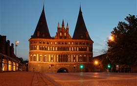 德国，荷尔斯登，吕贝克，城堡，夜晚，灯光 高清壁纸