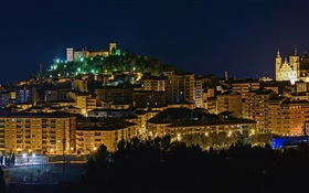 西班牙，阿拉贡，灯，夜，城市，建筑物 高清壁纸