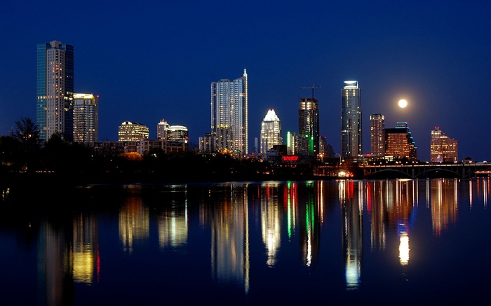 奥斯汀，美国，城市夜晚，摩天大楼，灯光，河流，月亮 壁纸 图片