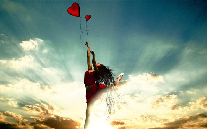 跳舞的女孩，红色的裙子，爱的心，云，太阳光线 壁纸 图片