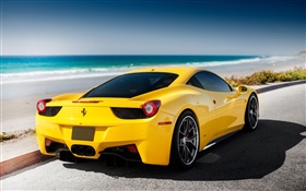 法拉利黄色汽车，海，海滩 高清壁纸