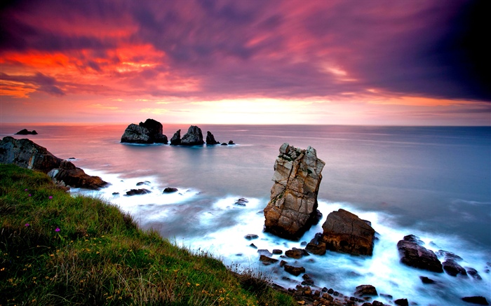 自然风景，海，岩石，日落 壁纸 图片