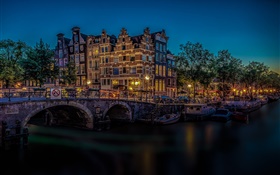 阿姆斯特丹，荷兰，桥梁，河流，灯，夜晚 高清壁纸