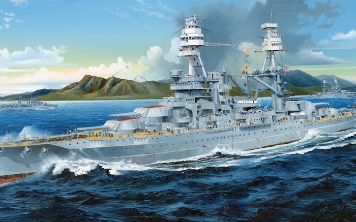 战舰，海洋，绘画 壁纸 图片