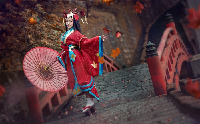 红色连衣裙日本女孩，和服，姿势 壁纸 图片