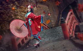红色连衣裙日本女孩，和服，姿势 高清壁纸
