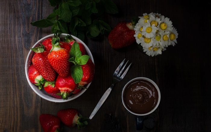 草莓，巧克力，花，刀 壁纸 图片