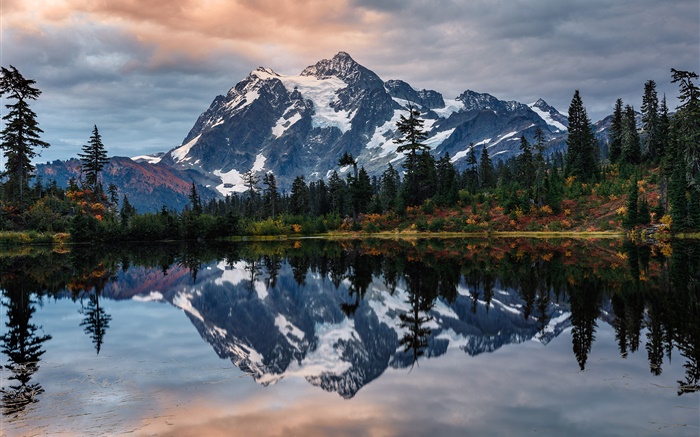 美国，舒克森山，湖，树木，水反射 壁纸 图片