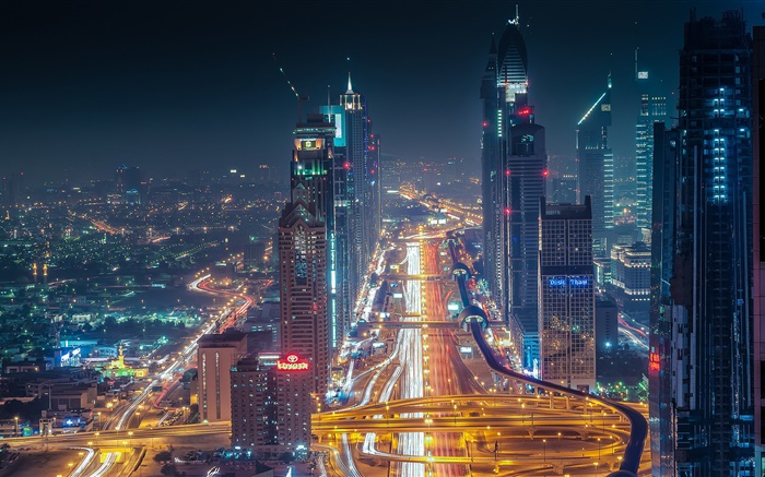 迪拜，摩天大楼，道路，灯光，夜晚 壁纸 图片