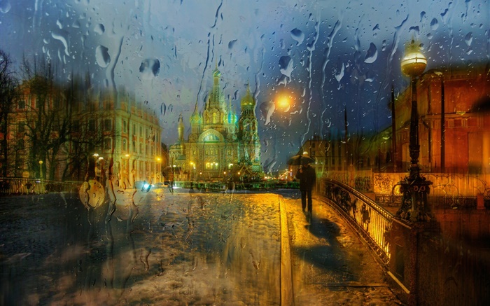 圣彼得堡，玻璃，水滴，雨，夜，城市 壁纸 图片